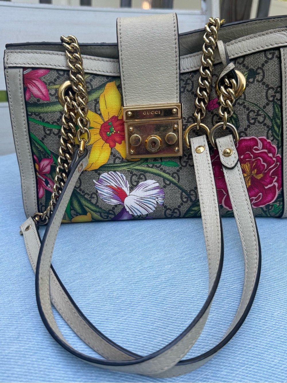 Gucci Floral GG Canvas Shoulder Bag with Cream Trim and Gold Hardware